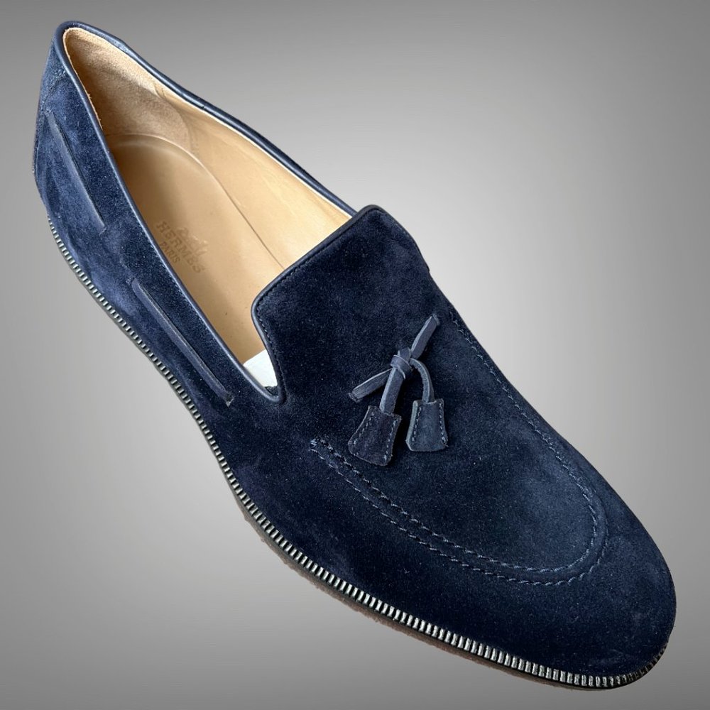 Hermes Navy Novembre Moccasin Calf Suede Tassel Loafer Shoes New In Box